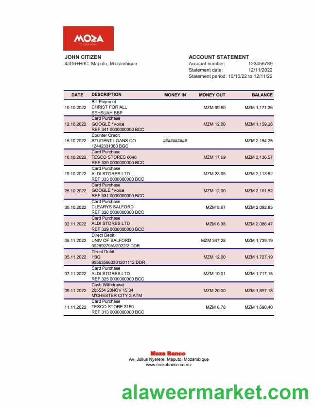 Mozambique Moza bank statement xls